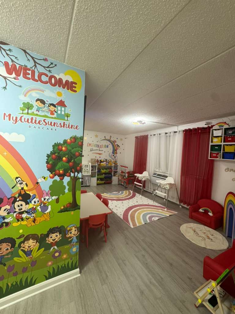 Welcome area with colorful wall mural